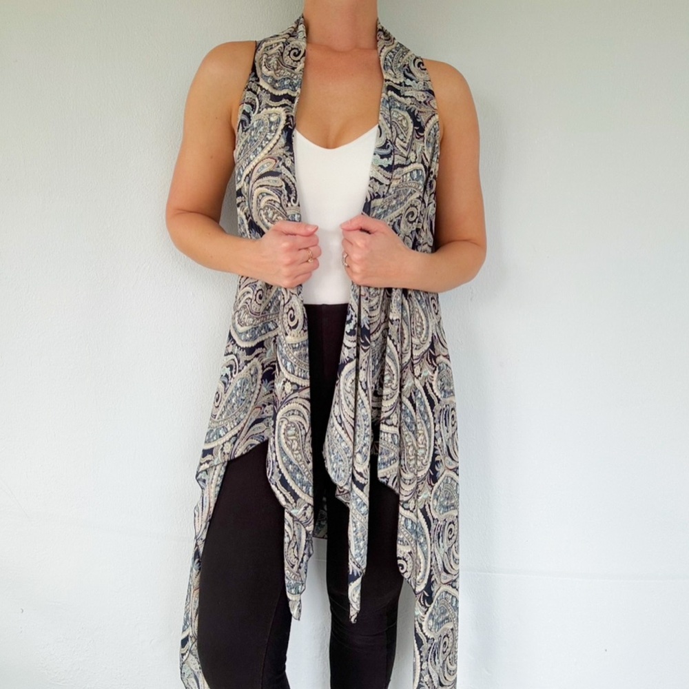 Unbranded black blue paisley print lightweight semi sheer long waterfall vest OS